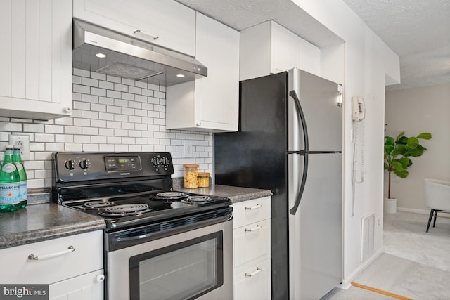 kitchen featuring white cabinetry, appliances with stainless steel finishes, exhaust hood, and decorative backsplash