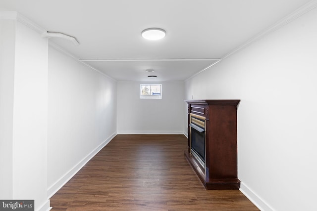 basement featuring crown molding and dark hardwood / wood-style floors