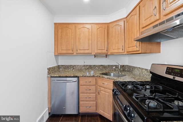 kitchen with sink, crown molding, stone counters, appliances with stainless steel finishes, and dark hardwood / wood-style floors