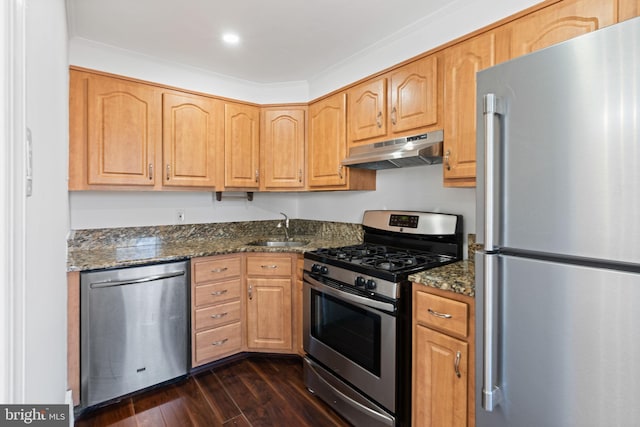 kitchen featuring sink, crown molding, appliances with stainless steel finishes, dark hardwood / wood-style floors, and dark stone counters