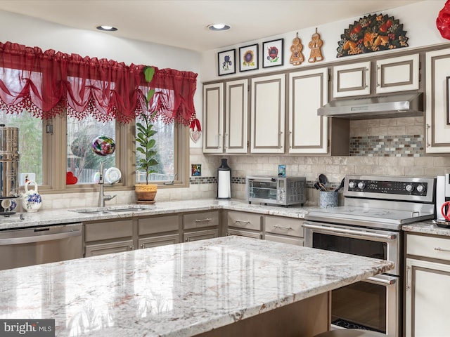 kitchen with a toaster, tasteful backsplash, appliances with stainless steel finishes, under cabinet range hood, and a sink