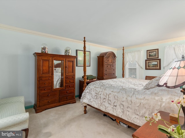 bedroom with light carpet and crown molding