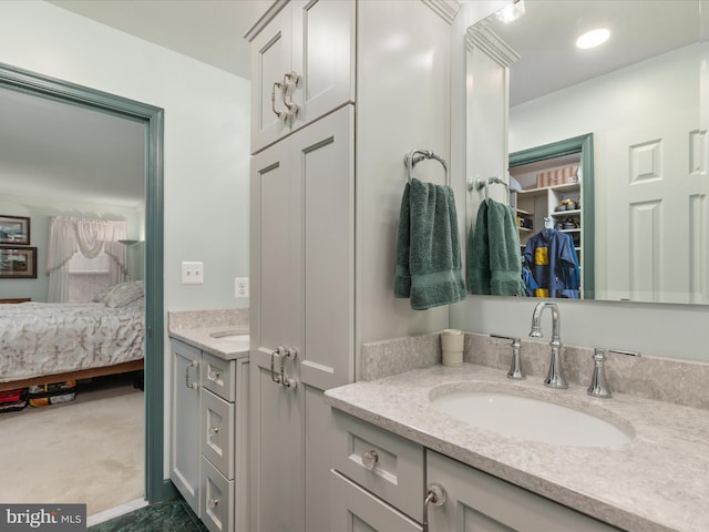 ensuite bathroom featuring a walk in closet, connected bathroom, and vanity