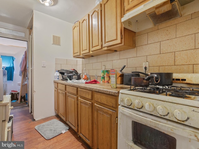 kitchen featuring tasteful backsplash, white range with gas cooktop, dark hardwood / wood-style flooring, and sink