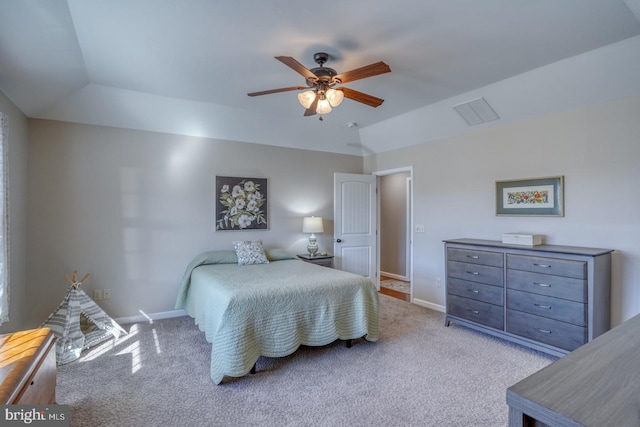 bedroom featuring light colored carpet and ceiling fan