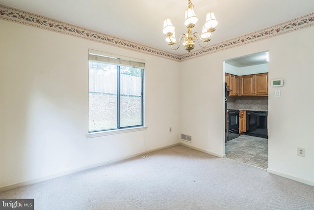 interior space featuring light colored carpet and an inviting chandelier