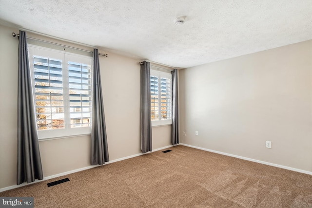 spare room featuring a textured ceiling and carpet flooring