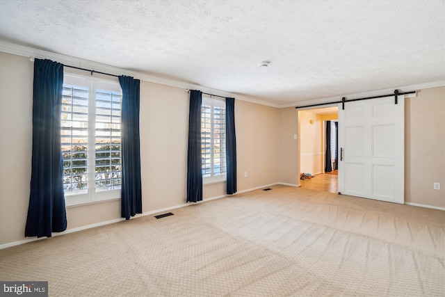 spare room featuring a barn door, plenty of natural light, and carpet