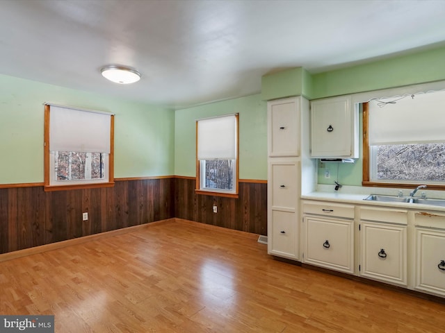 kitchen with sink, white cabinets, light hardwood / wood-style floors, and wood walls