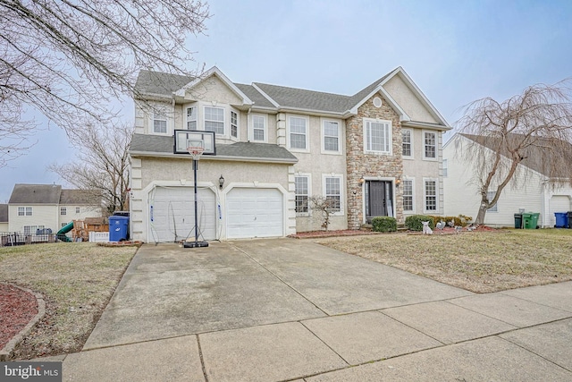 view of front of property featuring a garage, a front yard, and a playground