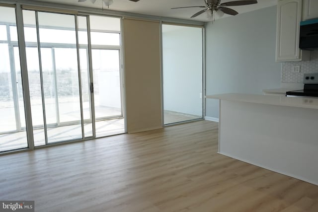 interior space with expansive windows, light wood finished floors, and a ceiling fan