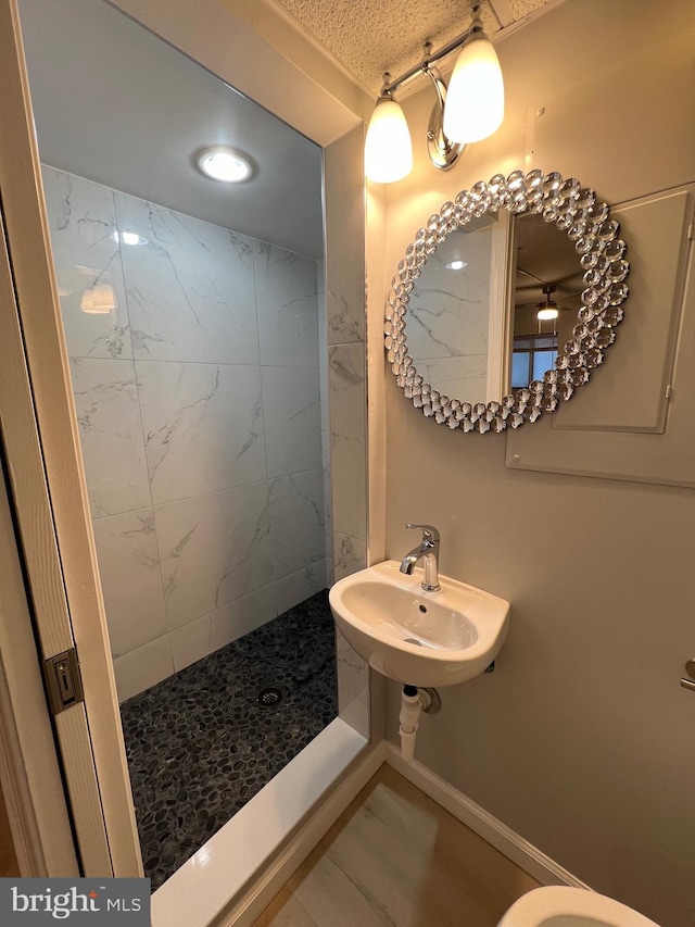 full bath featuring baseboards, a sink, and a shower stall