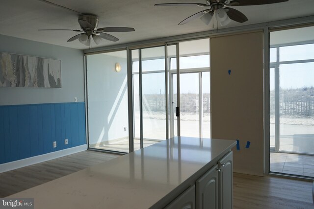 interior space featuring ceiling fan, wainscoting, wood finished floors, and floor to ceiling windows