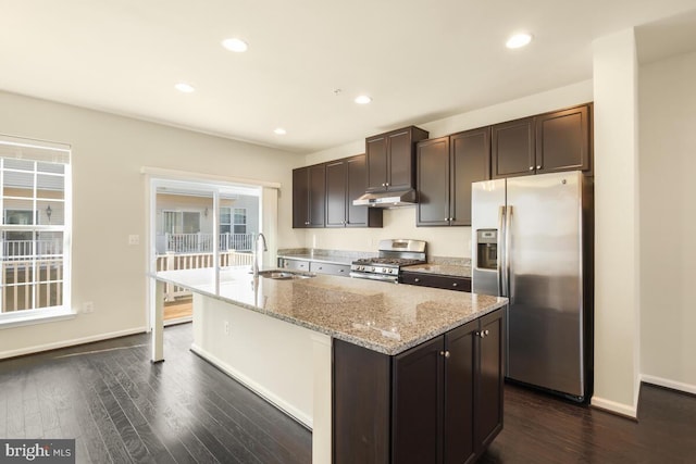 kitchen featuring an island with sink, stainless steel appliances, sink, and dark brown cabinets