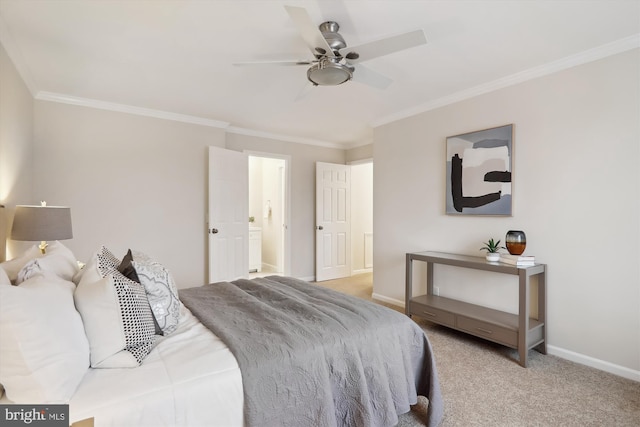 bedroom featuring crown molding, light colored carpet, and ceiling fan