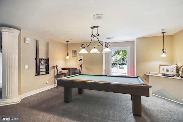 playroom with billiards, decorative columns, and carpet flooring