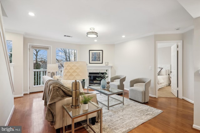 living room with hardwood / wood-style flooring, a high end fireplace, and crown molding