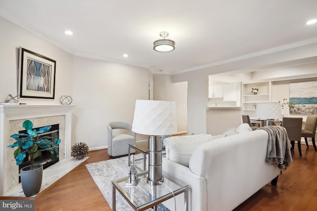 living room with dark wood-type flooring, ornamental molding, and a premium fireplace