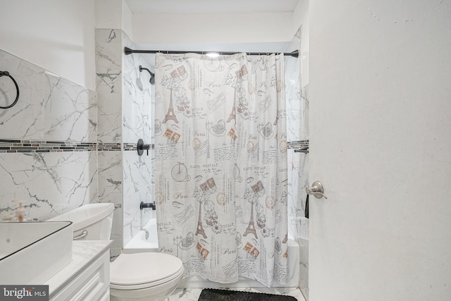 full bathroom with shower / tub combo with curtain, vanity, toilet, and tile walls