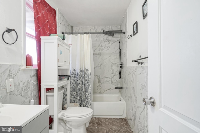 full bathroom featuring toilet, tile walls, vanity, and shower / bath combo with shower curtain