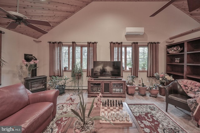 living room featuring high vaulted ceiling, an AC wall unit, a wealth of natural light, and ceiling fan