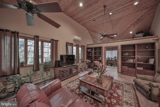 living room with ceiling fan, high vaulted ceiling, a wall mounted air conditioner, light tile patterned flooring, and wooden ceiling