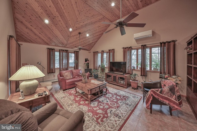 living room featuring high vaulted ceiling, a wood stove, a wall mounted AC, baseboard heating, and tile patterned floors