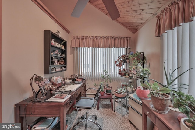 office featuring ceiling fan, vaulted ceiling, and wooden ceiling