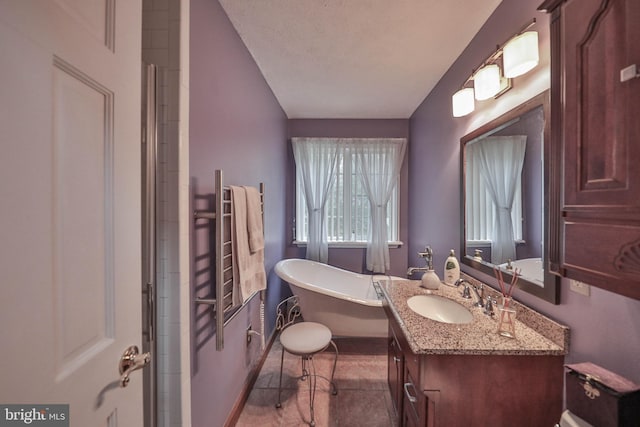 bathroom with vanity, a textured ceiling, and a washtub