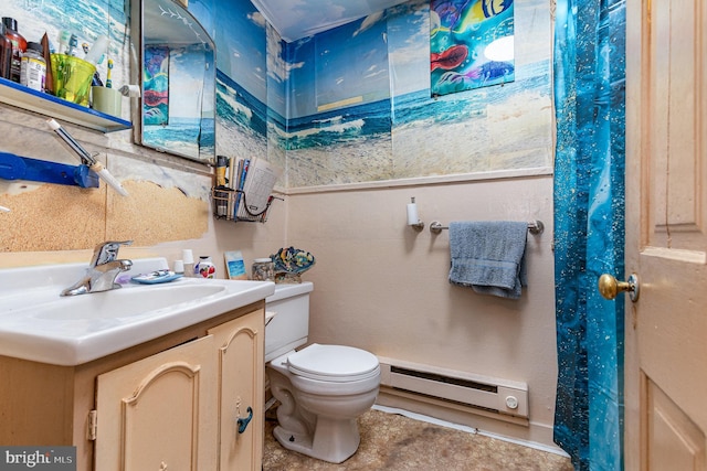 bathroom with a baseboard heating unit, vanity, and toilet