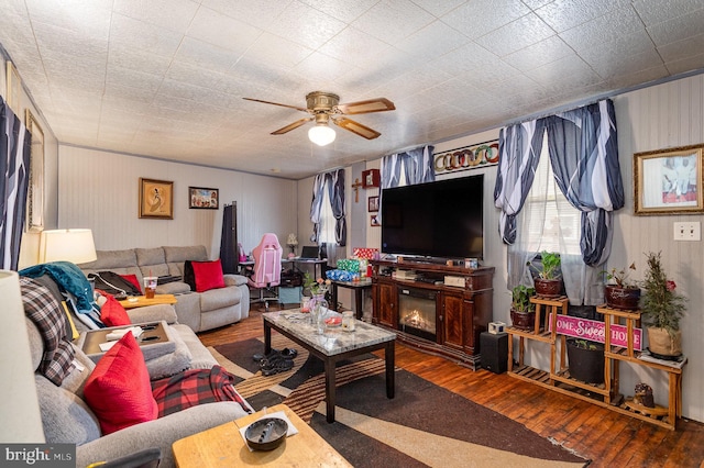 living room featuring ceiling fan and wood finished floors