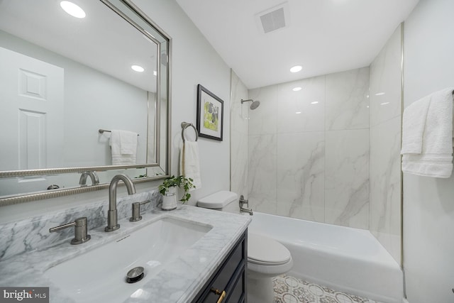 full bath with toilet, recessed lighting, vanity, visible vents, and  shower combination