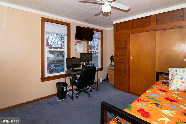 bedroom with carpet, ornamental molding, and baseboards