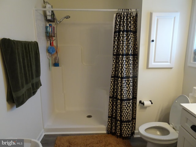 bathroom with vanity, curtained shower, and toilet