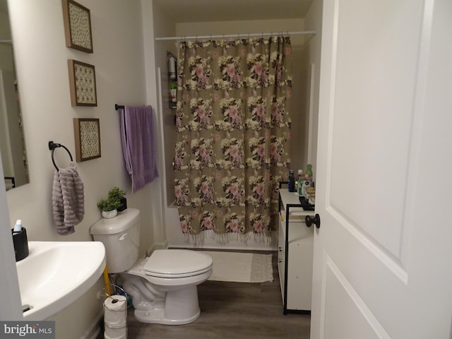 bathroom featuring wood-type flooring, toilet, curtained shower, and sink