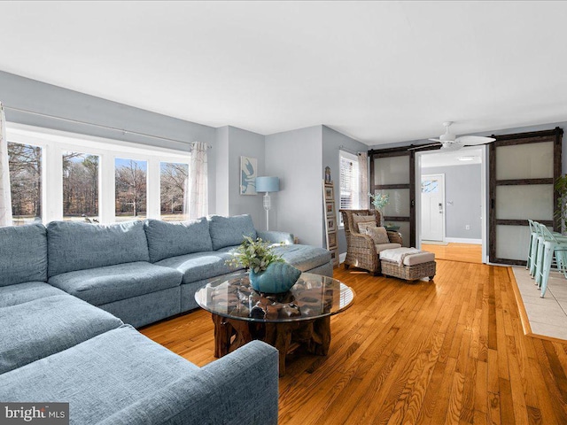 living room featuring a barn door, plenty of natural light, hardwood / wood-style floors, and ceiling fan