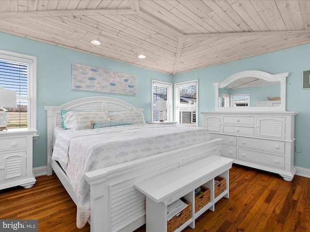 bedroom with lofted ceiling, dark wood-type flooring, and wooden ceiling