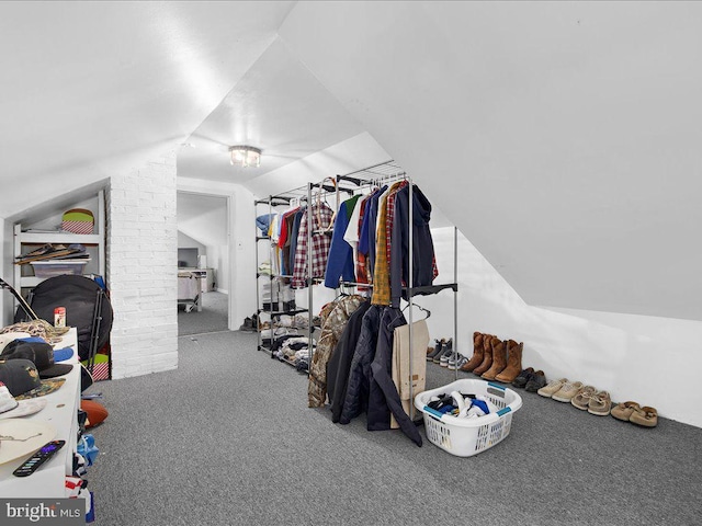 spacious closet with lofted ceiling and carpet flooring