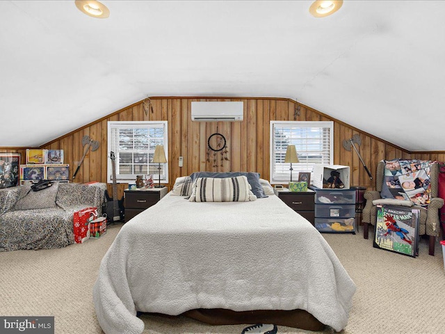 carpeted bedroom with lofted ceiling, an AC wall unit, and wood walls