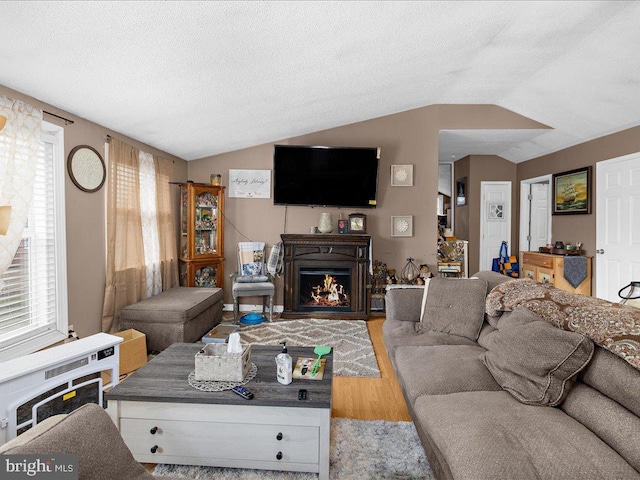 living room with lofted ceiling, hardwood / wood-style floors, and a textured ceiling