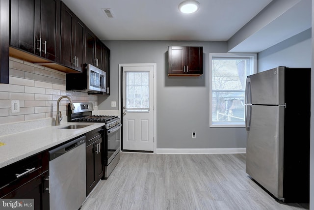 kitchen with sink, backsplash, stainless steel appliances, dark brown cabinets, and light wood-type flooring