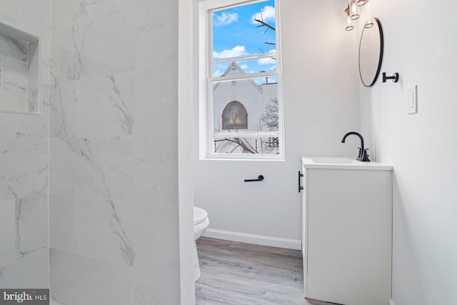 bathroom featuring vanity, hardwood / wood-style floors, and toilet