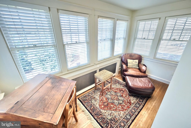 sitting room with hardwood / wood-style flooring and radiator