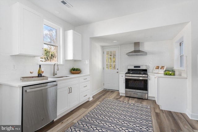 kitchen featuring wall chimney exhaust hood, stainless steel appliances, sink, and white cabinets