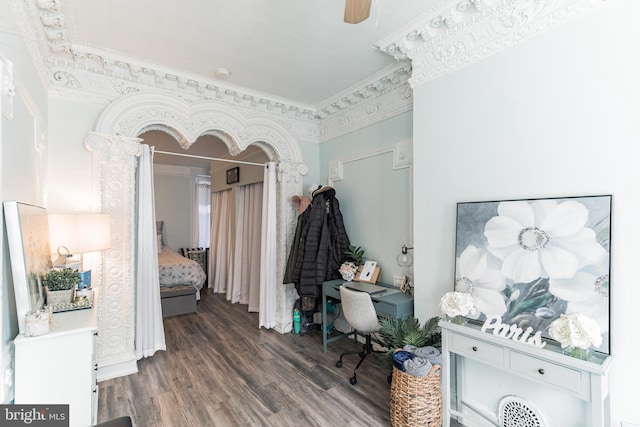 interior space featuring crown molding, ceiling fan, and dark hardwood / wood-style flooring