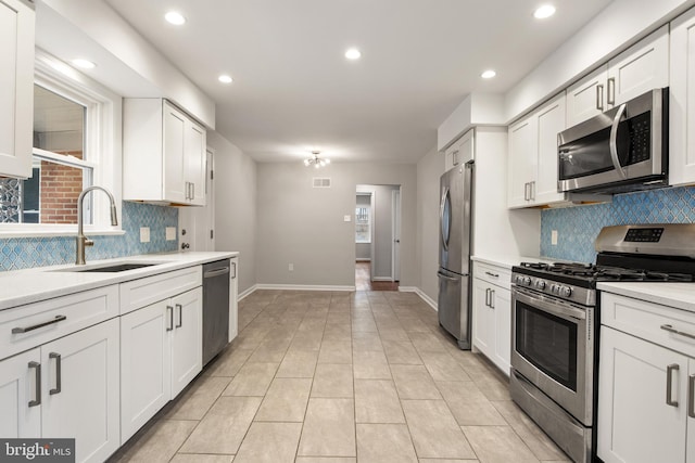 kitchen featuring stainless steel appliances, white cabinetry, sink, and backsplash