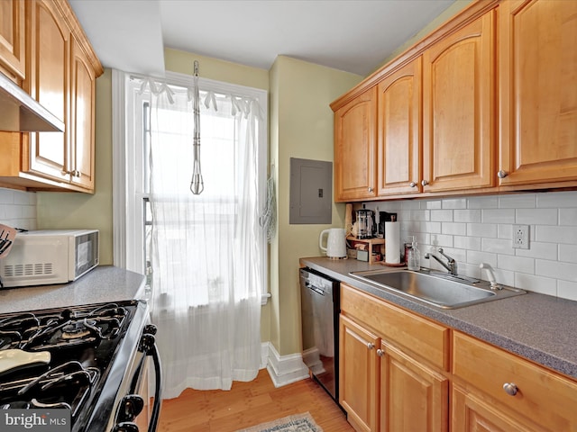 kitchen featuring sink, light hardwood / wood-style flooring, backsplash, electric panel, and stainless steel dishwasher