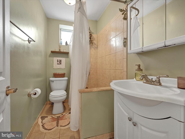 bathroom featuring vanity, tile patterned floors, toilet, and a shower with shower curtain