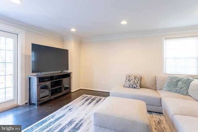 living room featuring wood finished floors, crown molding, and a healthy amount of sunlight