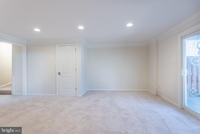 interior space featuring light carpet and ornamental molding